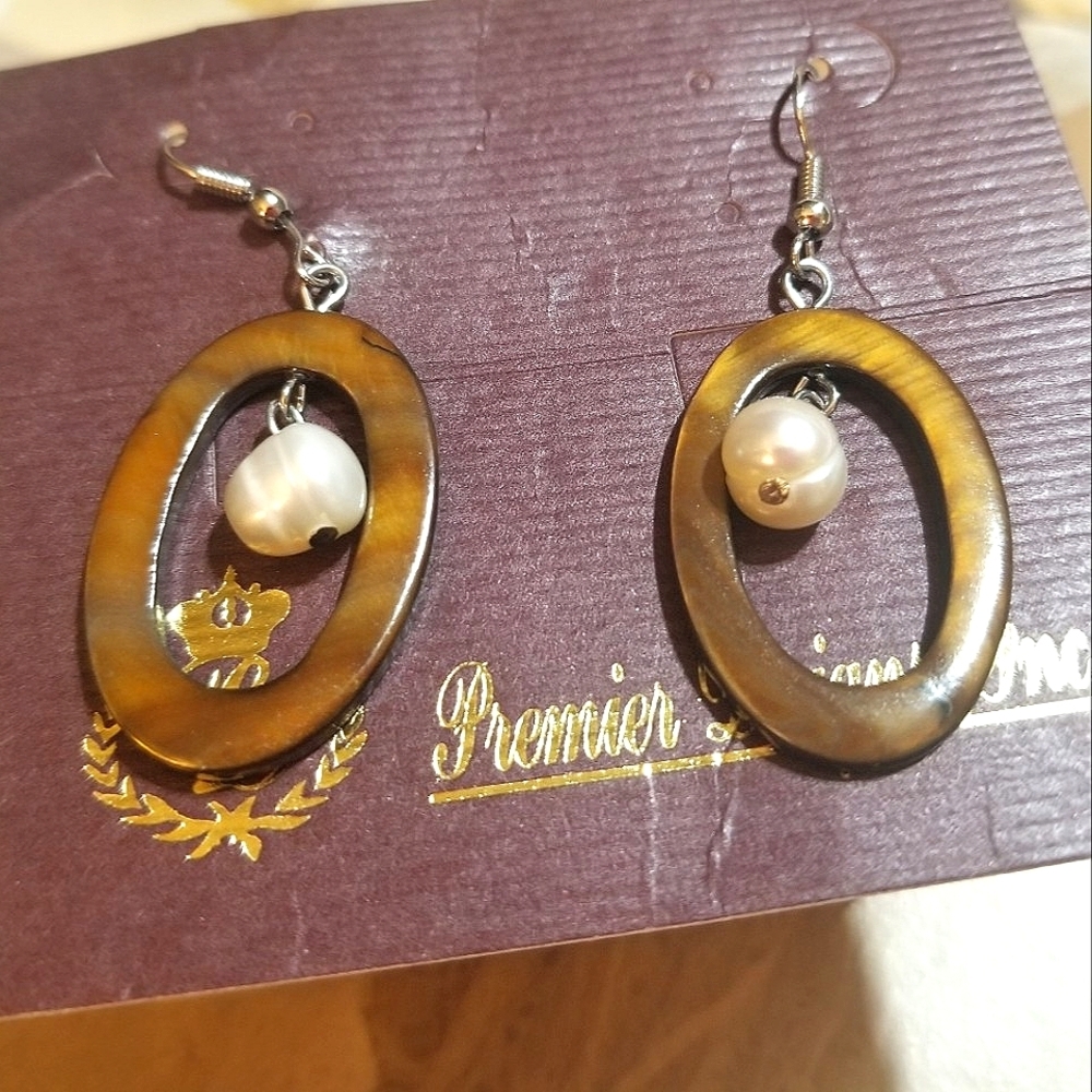 NEW Premier Designs Tiger's Eye & Biwa Pearl Dangle Earrings